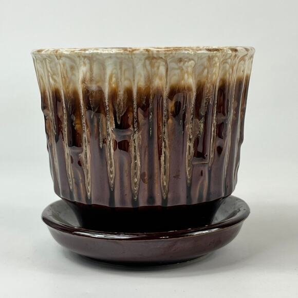 70s McCoy Bamboo Planter Flower Pot Exotic Brown Blended Attached Saucer Frosty - Picture 1 of 11